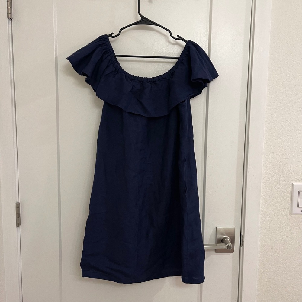 Tommy Bahama Linen Blend Navy Off Shoulder Mini Dress‎ Ruffled Preppy